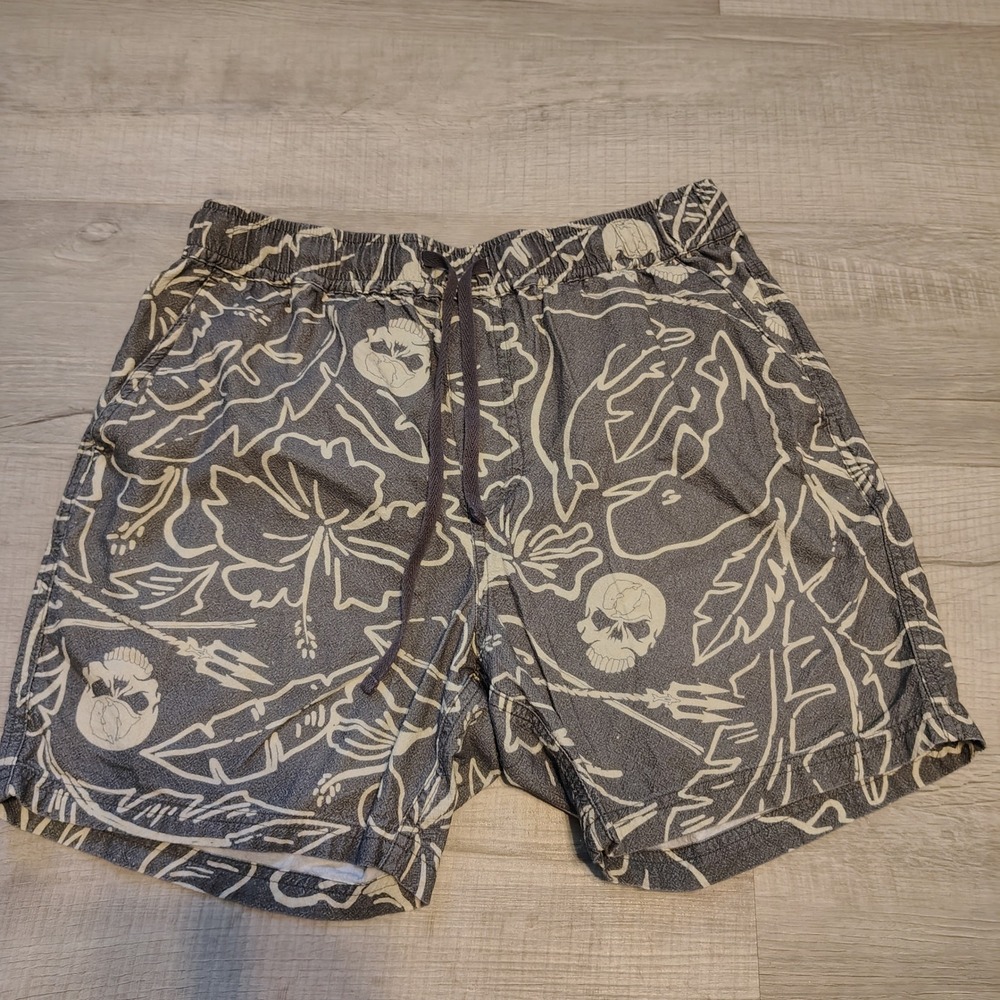 Sea Shepherd Mens Organic Cotton Skull Hibiscus Print Shorts Grey Size M AS IS